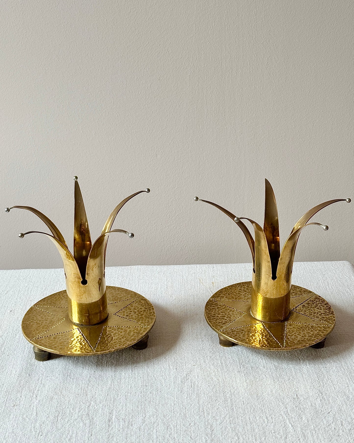 Pair of Swedish Brass Crown Candleholders with Hammered Bases, circa 1950