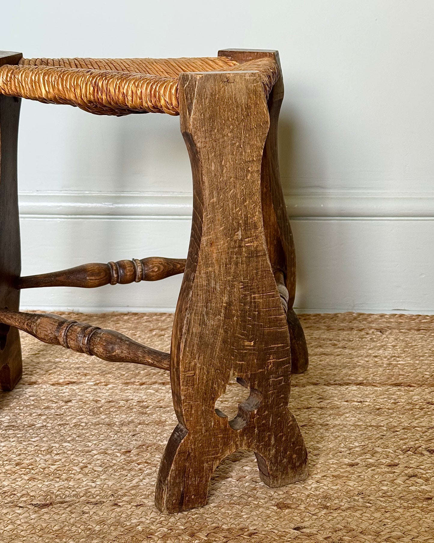 Mid-century French Triangular Rush Seat Stool