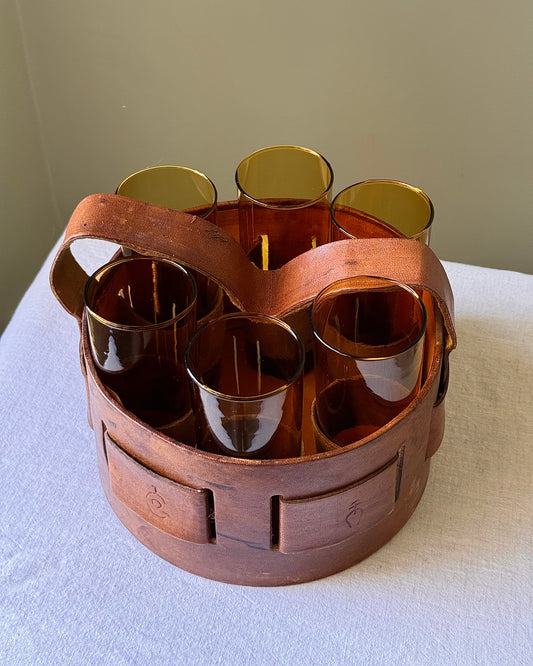 Mid-century Mexican Artisan Leather Caddy & Glass Drinks Set