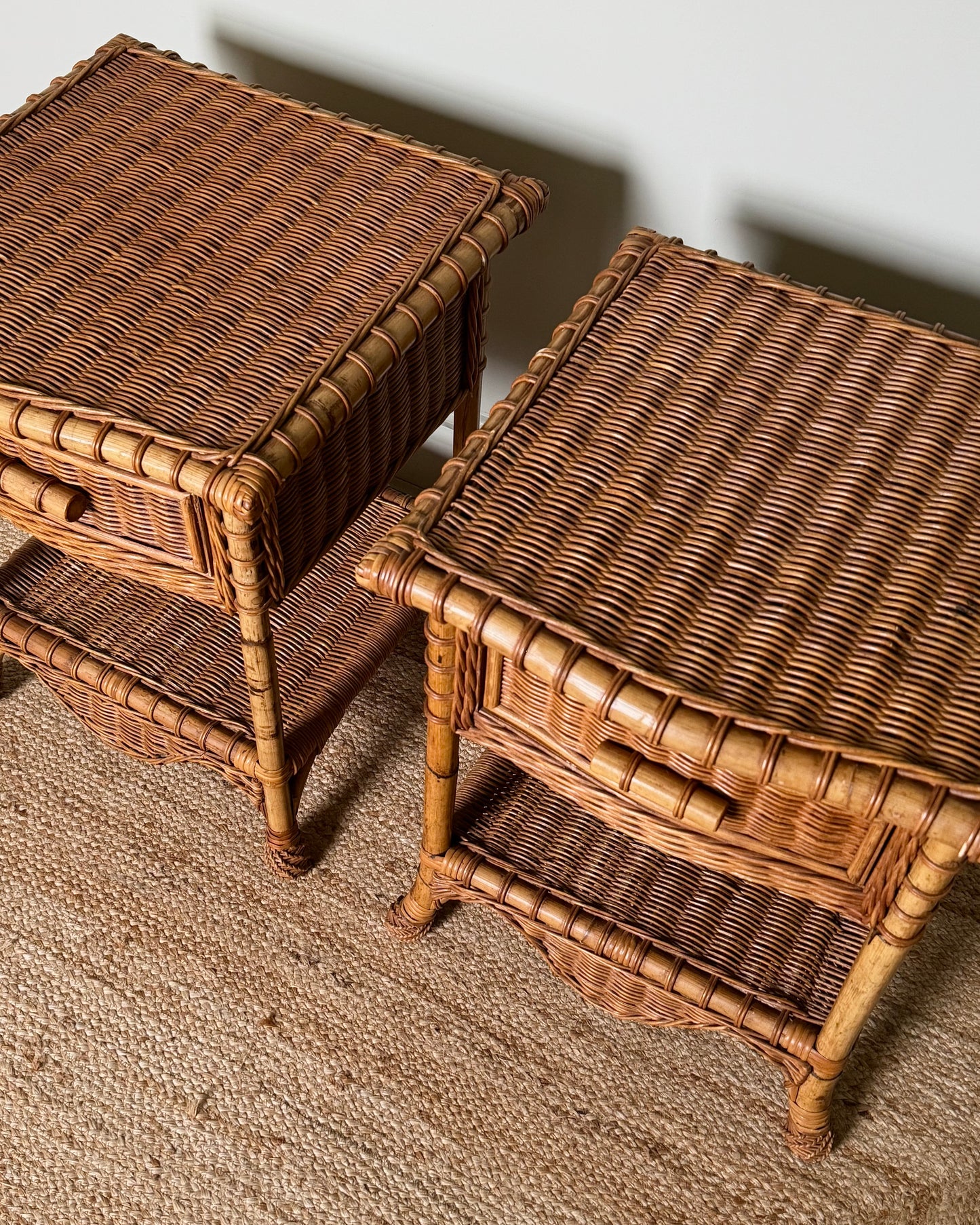 Pair of Wicker & Bamboo Bedside Tables