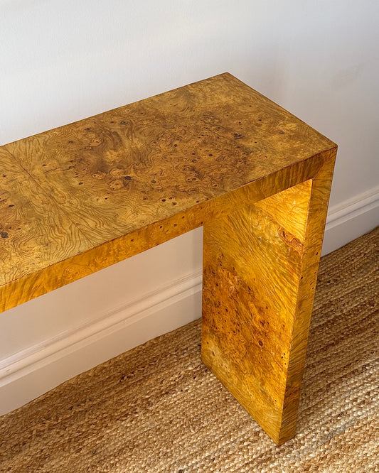 Italian Burl Waterfall Console Table, c.1970s