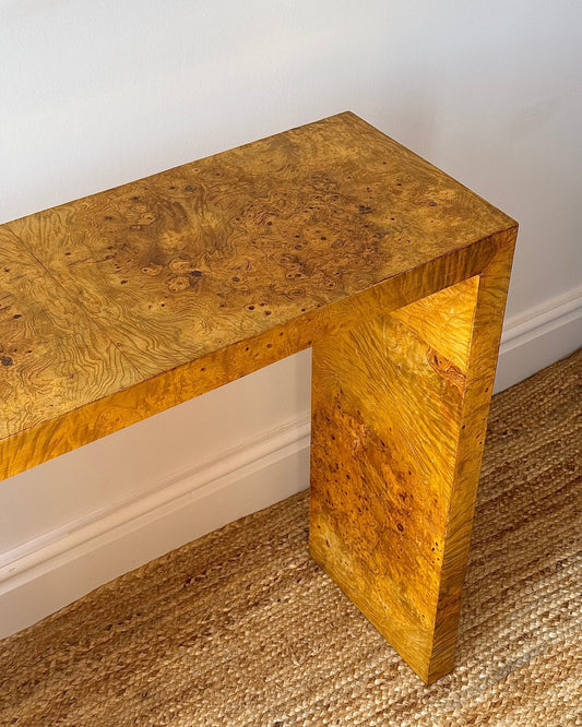 Italian Burl Waterfall Console Table, c.1970s - Club Sourced