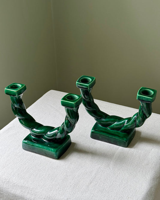 French Vintage Green Glaze Rope Candelabras, Longchamp