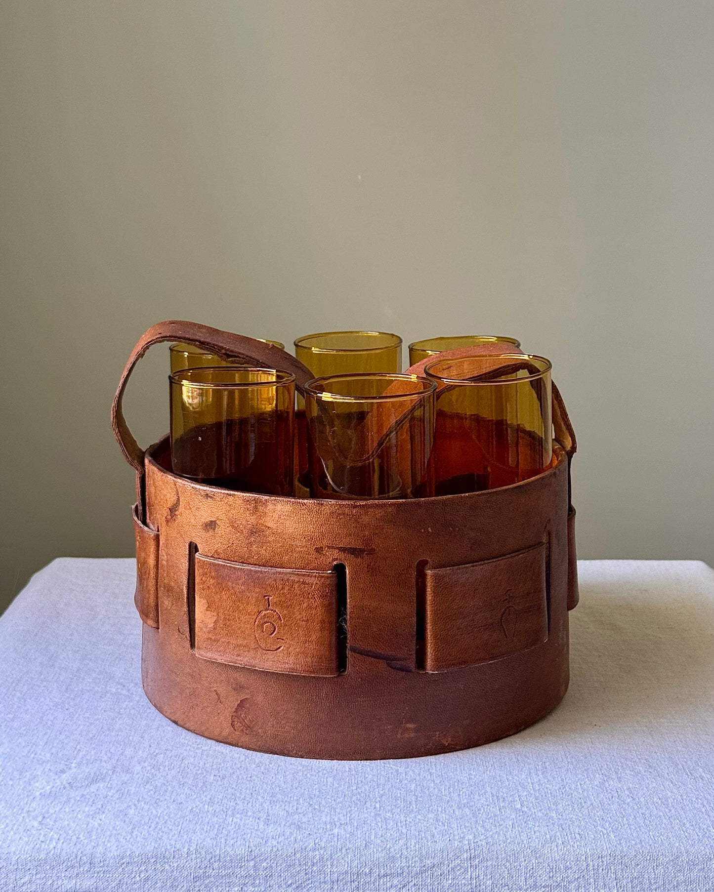 Mid-century Mexican Artisan Leather Caddy & Glass Drinks Set