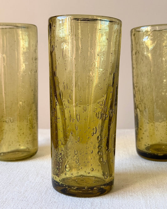 Set of Four Hand - Blown Olive Glass Tumblers - Club Sourced