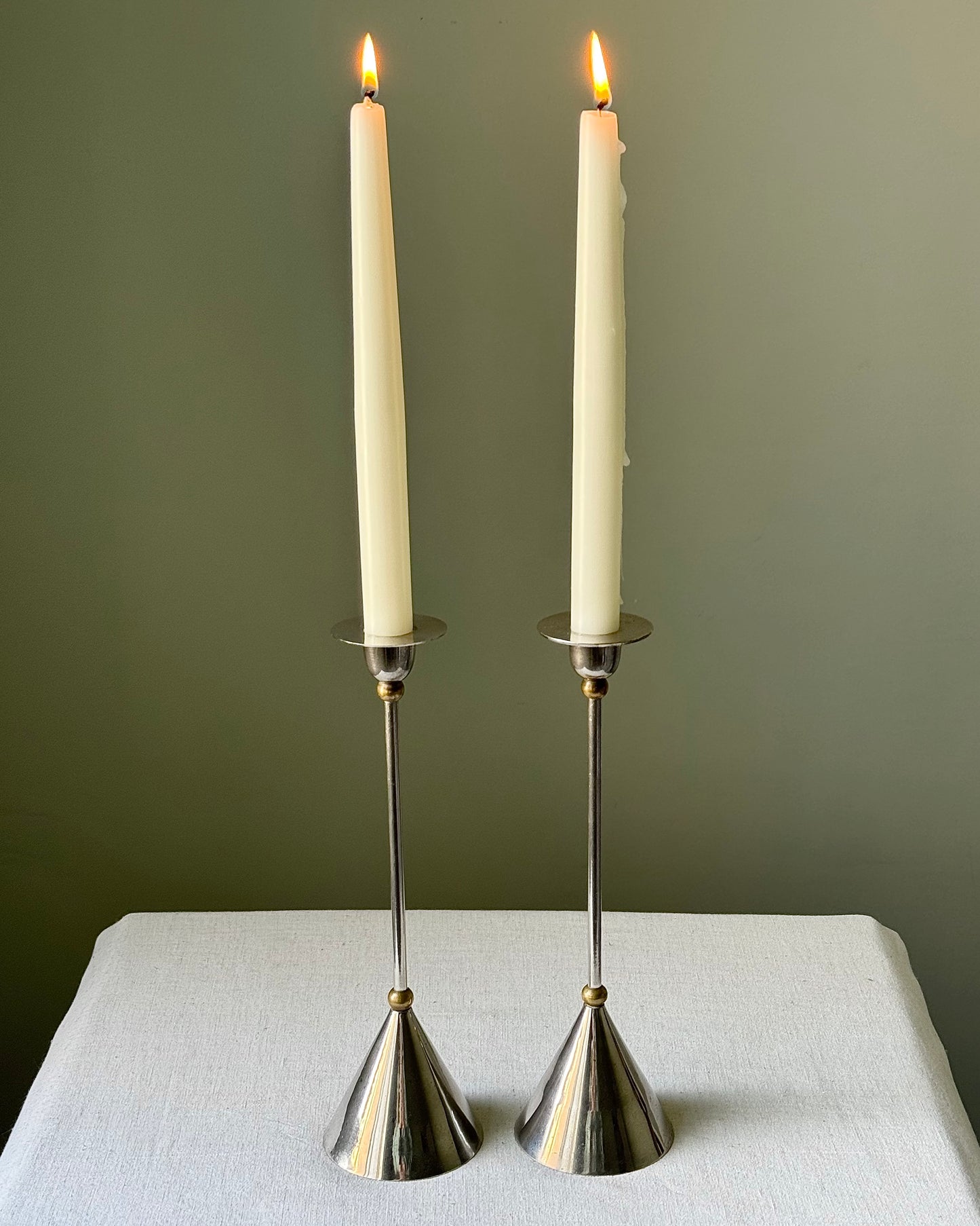 Pair of Chrome and Brass Memphis Style Candlesticks