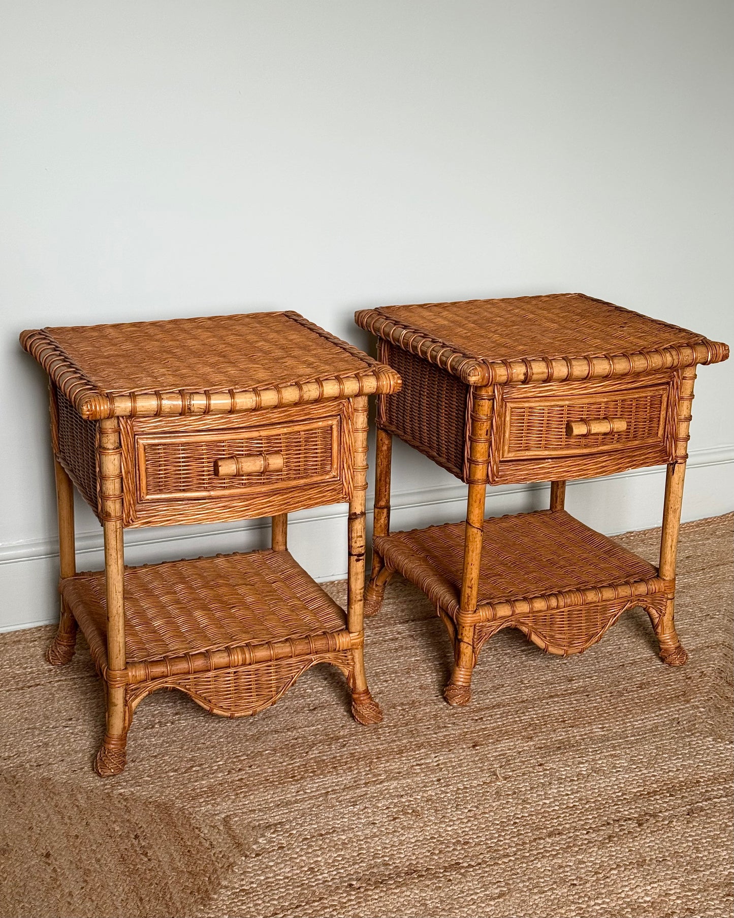 Pair of Wicker & Bamboo Bedside Tables