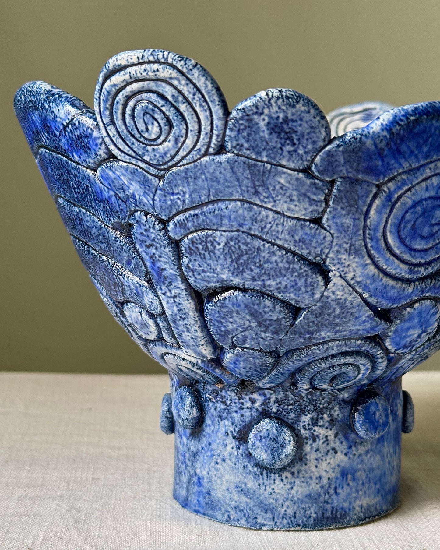 Cobalt Blue Sculptural Studio Pottery Pedestal Bowl