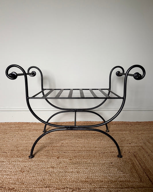 Pair of Wrought Iron Curule Stools with Scrolled Arms