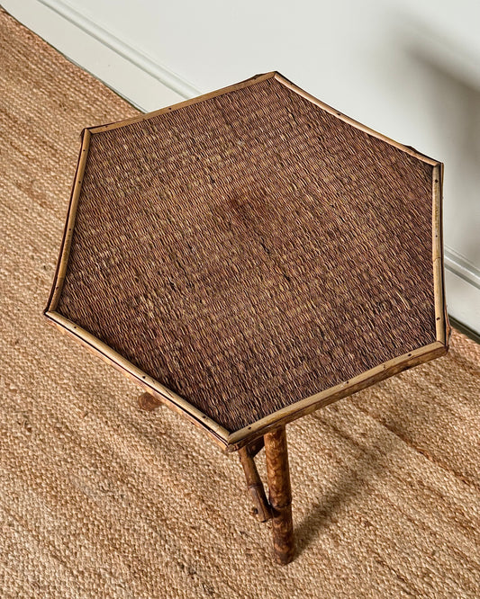 Antique Tiger Bamboo and Cane Hexagonal Side Table