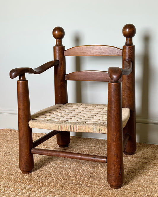 French Low Oak & Rope Armchair, in the style of Charles Dudouyt