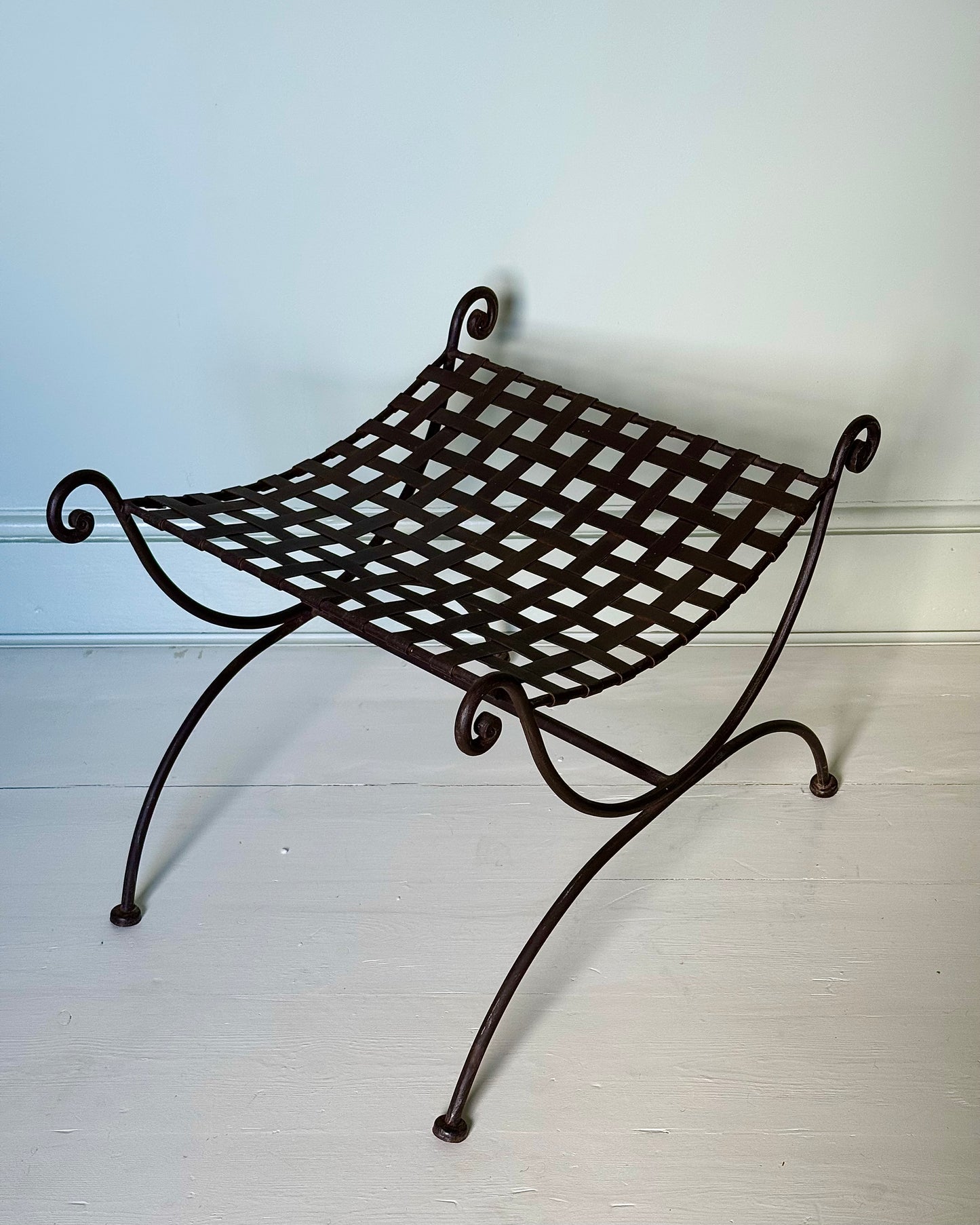 Pair of Wrought Iron Curule Stools with Sculptural Curls