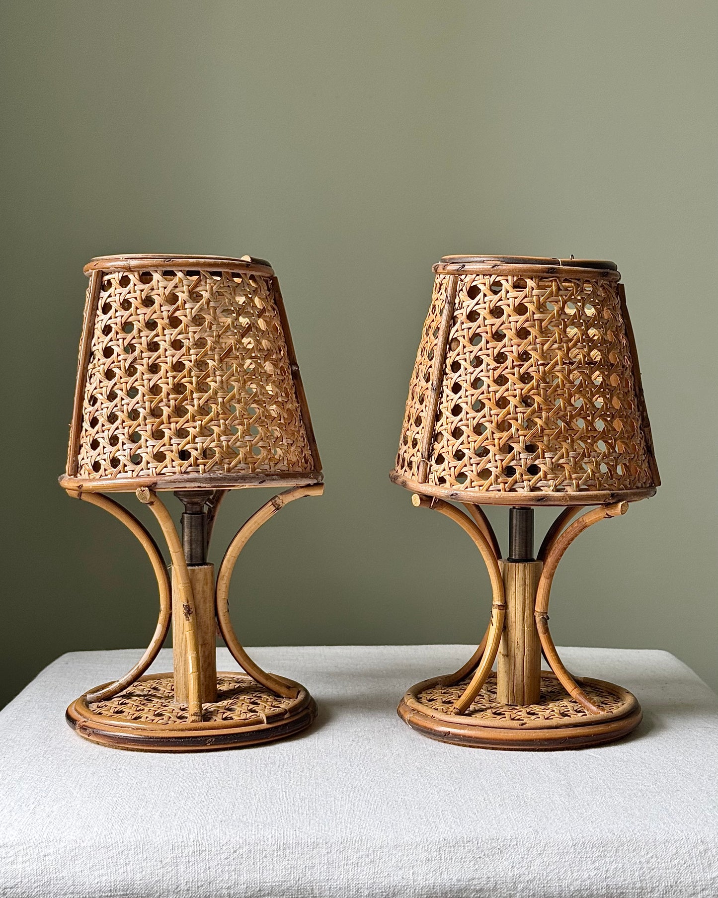 Pair of Italian 1970’s Cane & Rattan Table Lamps