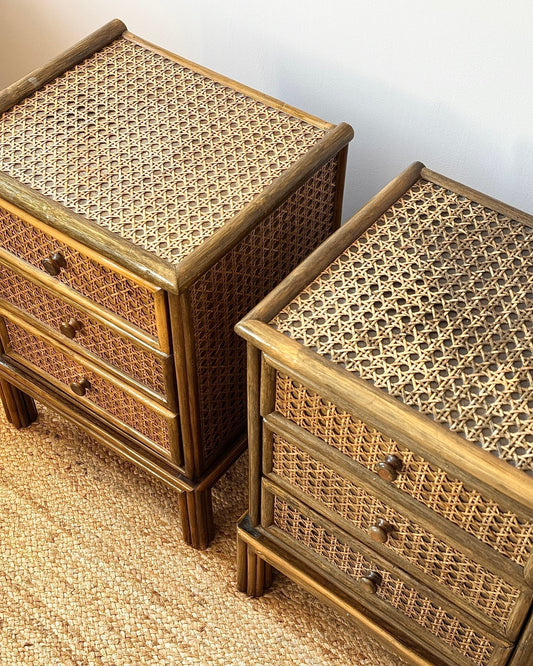 Pair of Cane & Bamboo Bedside Tables Attributed to Roche Bobois - Club Sourced