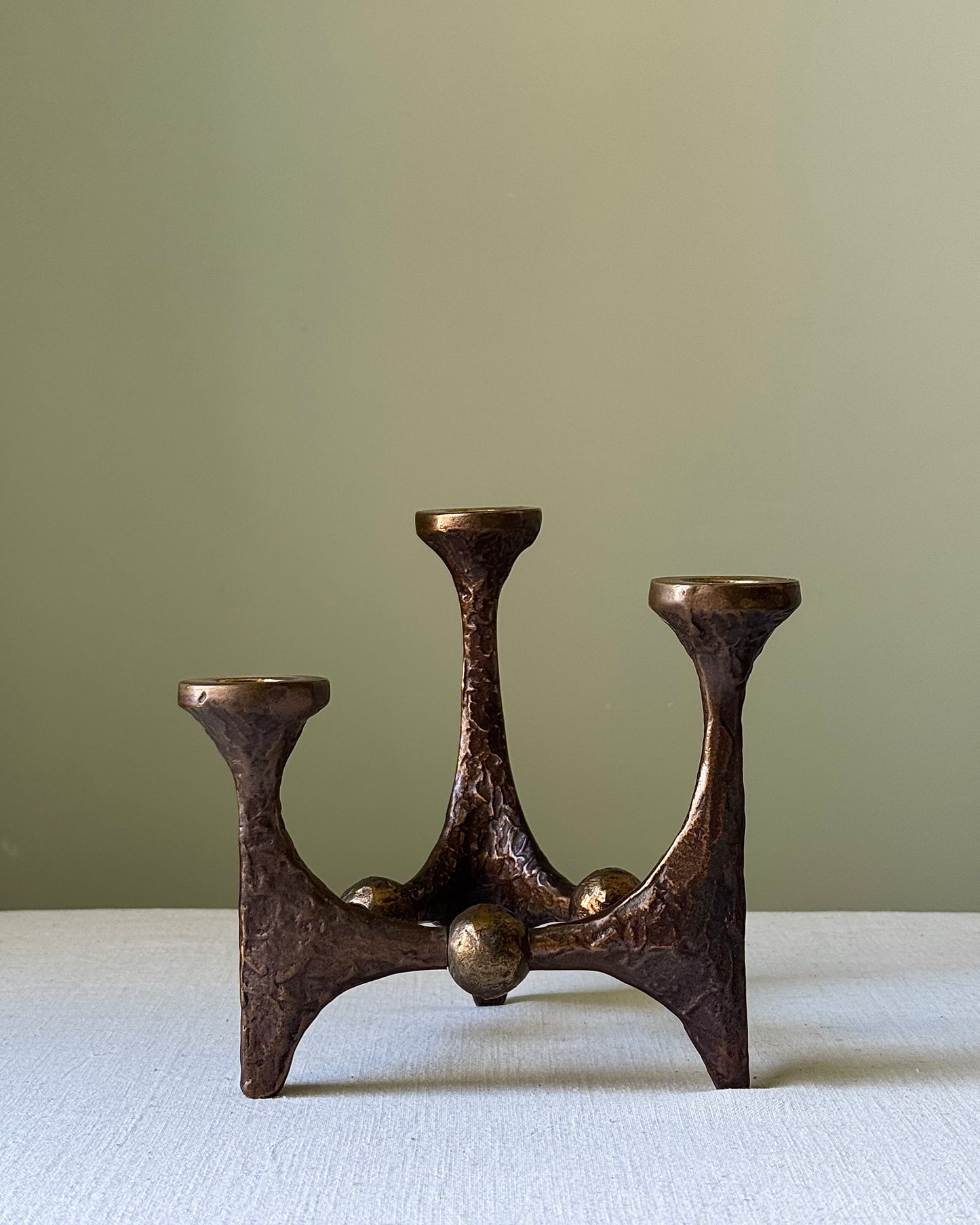 Brutalist Bronze 3 Prong Candleholder