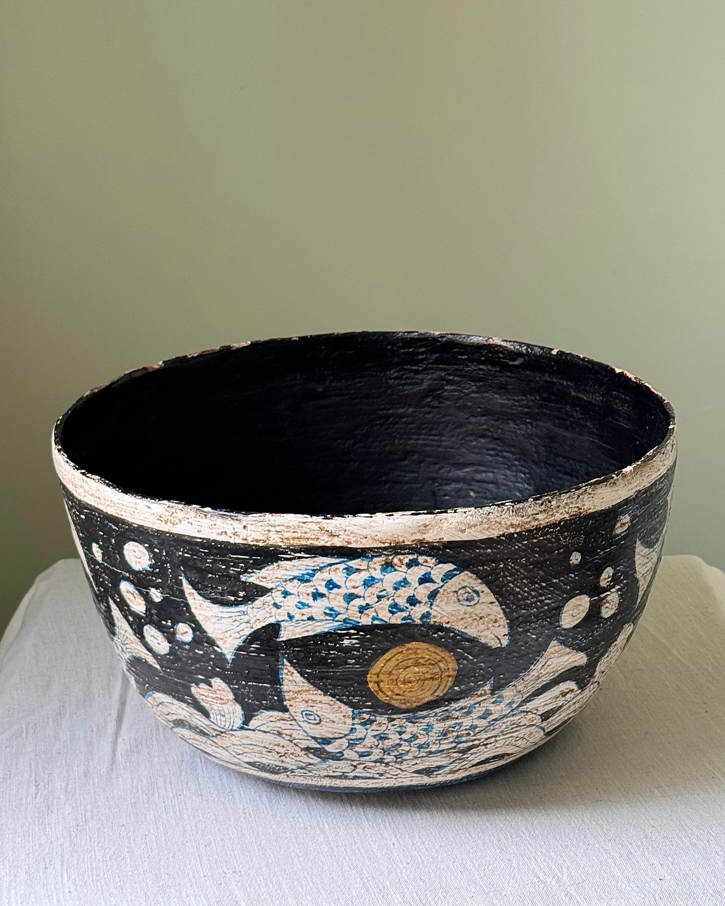Large Spanish Balearic Folkloric Fish Spiral Wooden Bowl