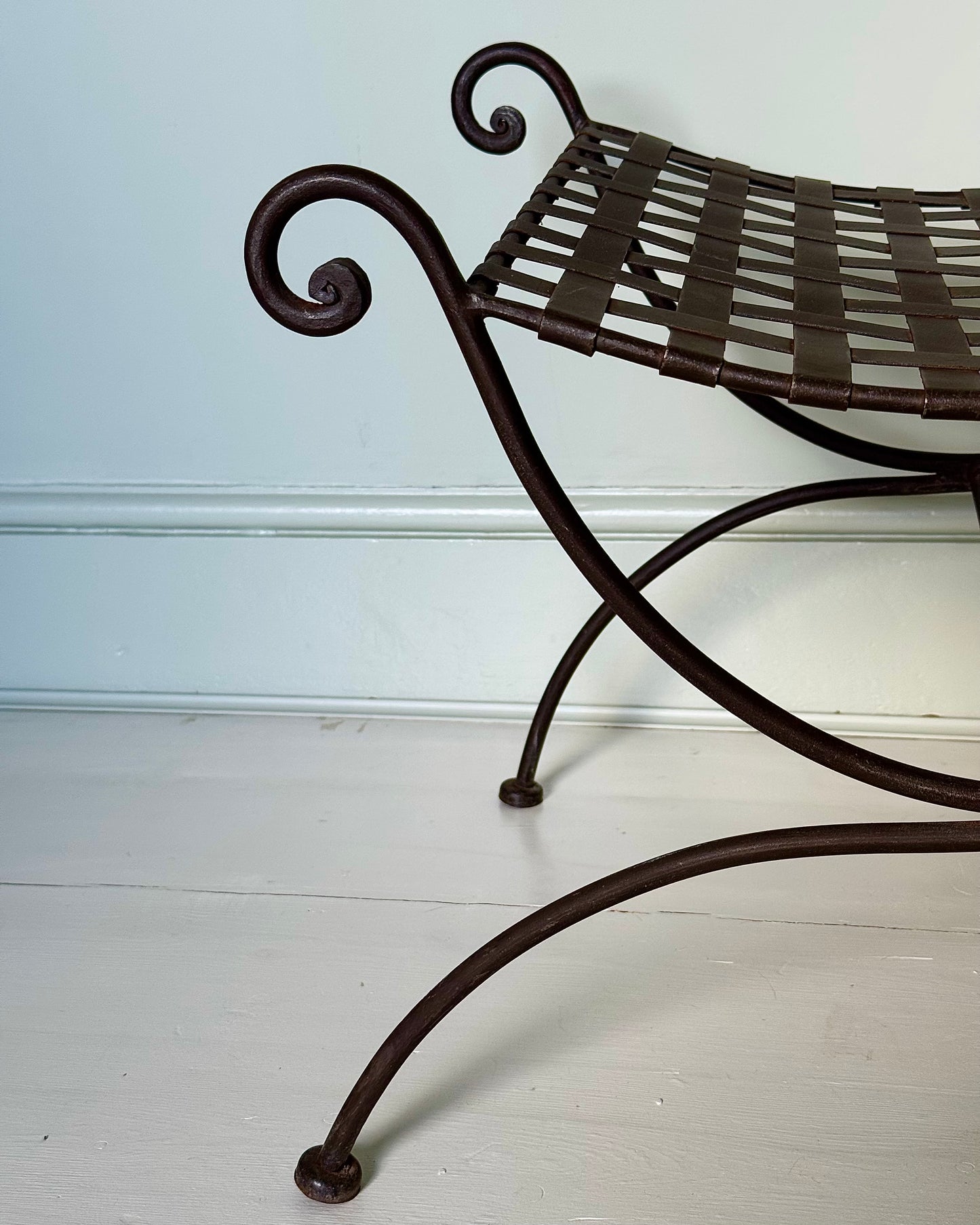 Pair of Wrought Iron Curule Stools with Sculptural Curls