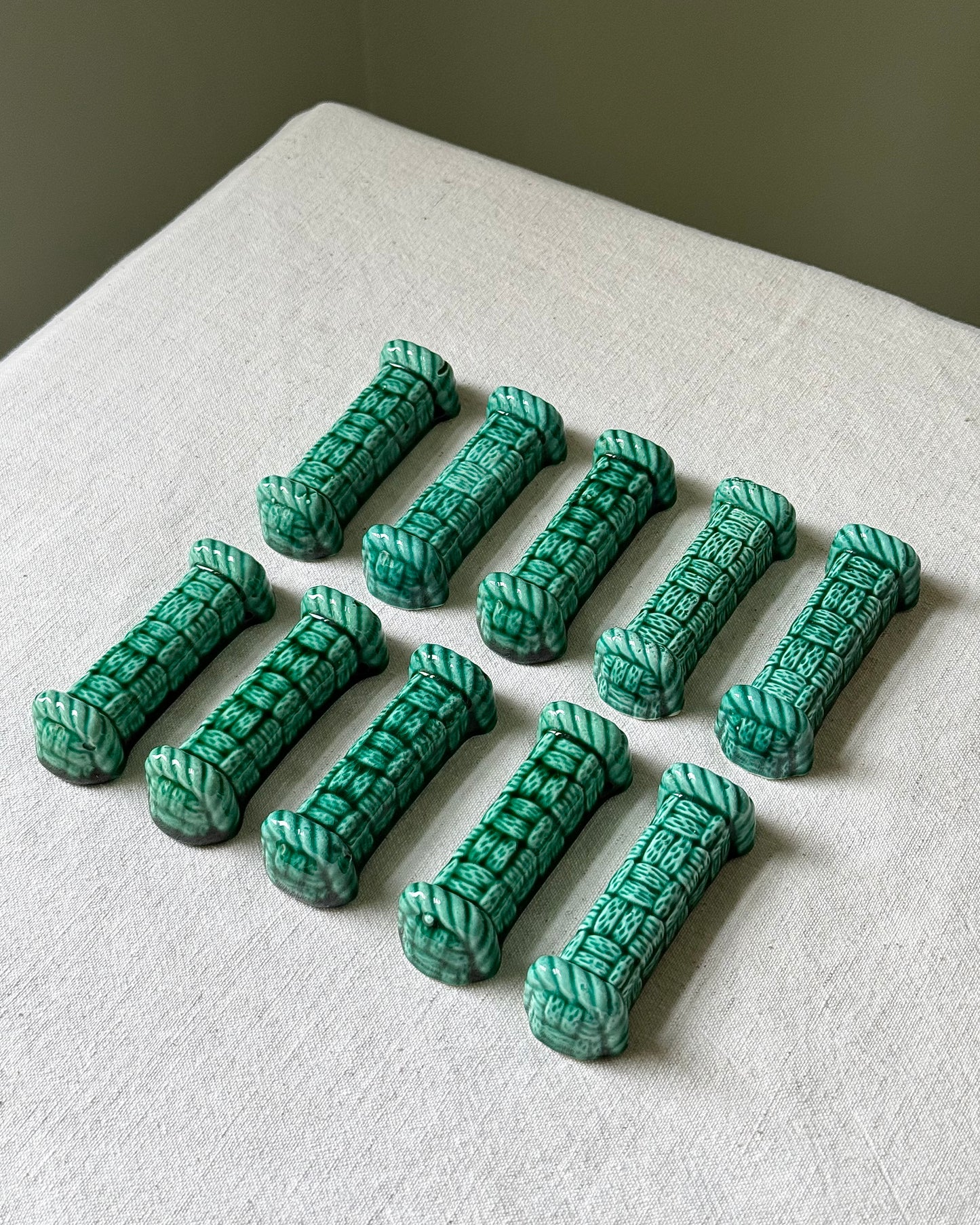 Set of 10 French Majolica Ceramic Green Glaze Woven Cutlery Rests, Digoin Sarreguemines