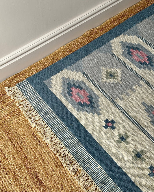 Blue Swedish Wool Röllakan Flatweave with Lozenge Motifs - Club Sourced