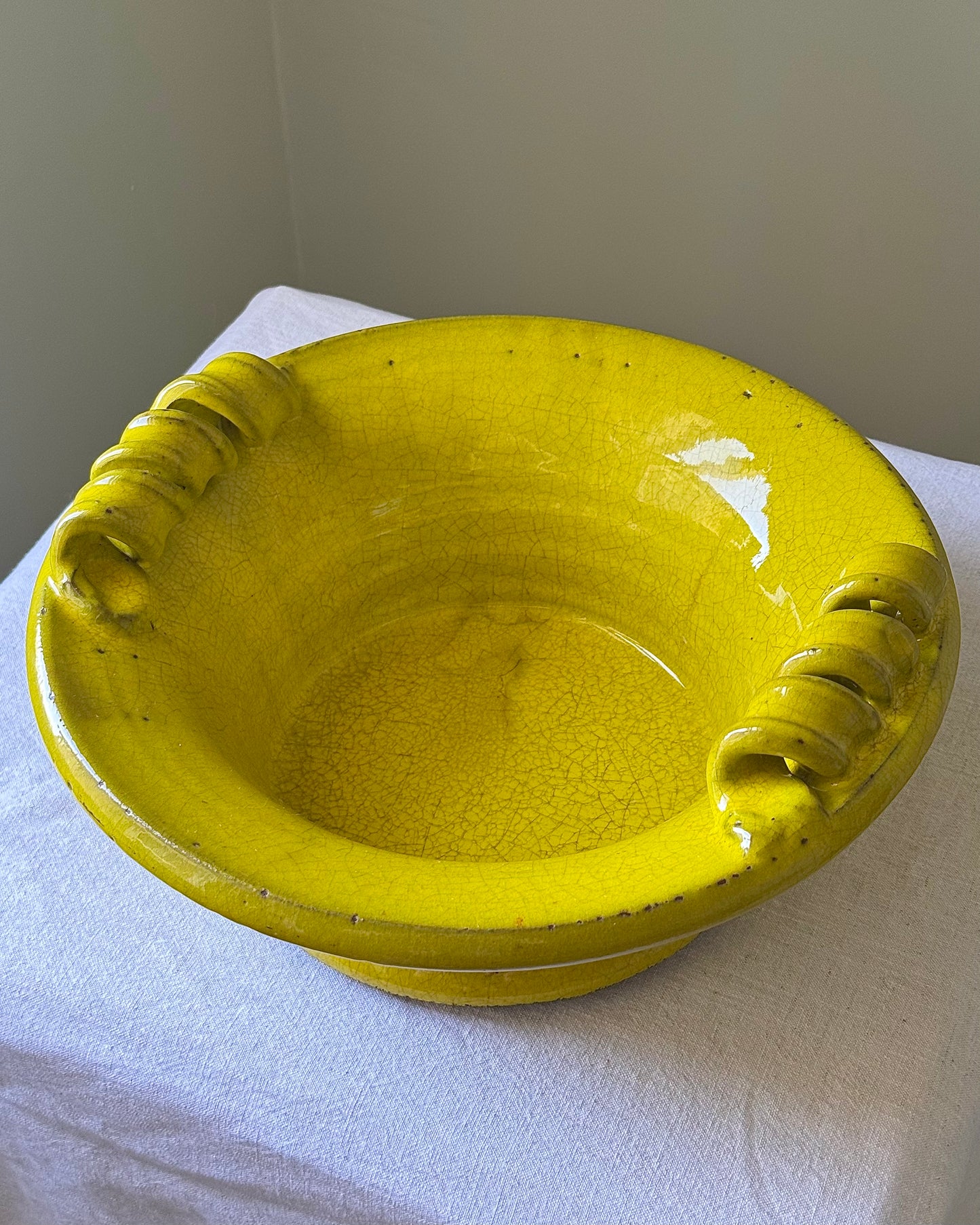 Antique Catalan Yellow Glazed Terracotta Bowl with Scroll Handles