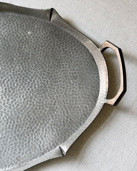 Art Deco Hammered Pewter Tray with Geometric Handles