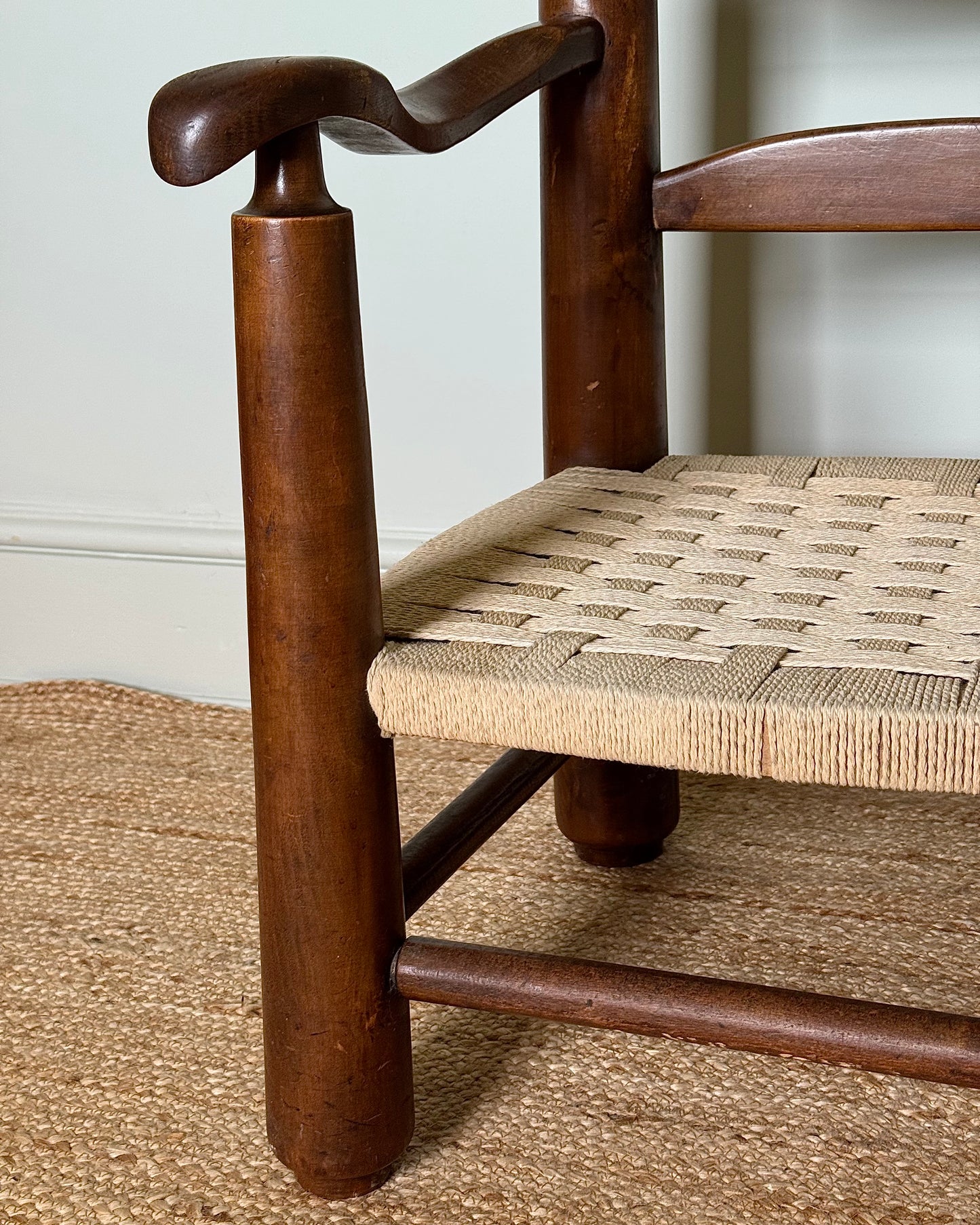 French Low Oak & Rope Armchair, in the style of Charles Dudouyt