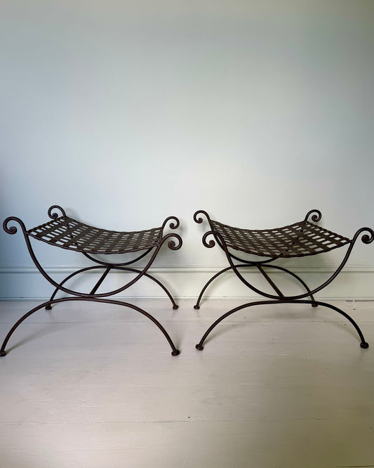 Pair of Wrought Iron Curule Stools with Sculptural Curls