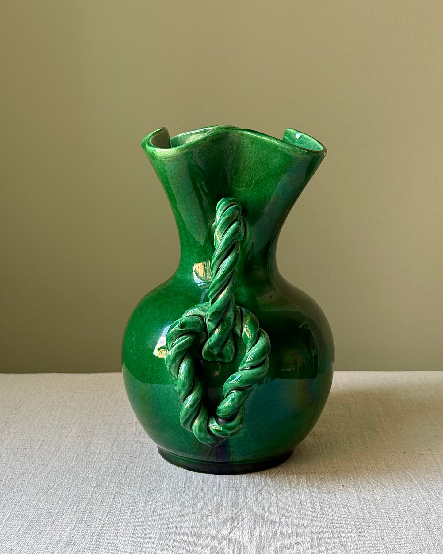 Vallauris Green Glaze Twisted Rope Handled Vase