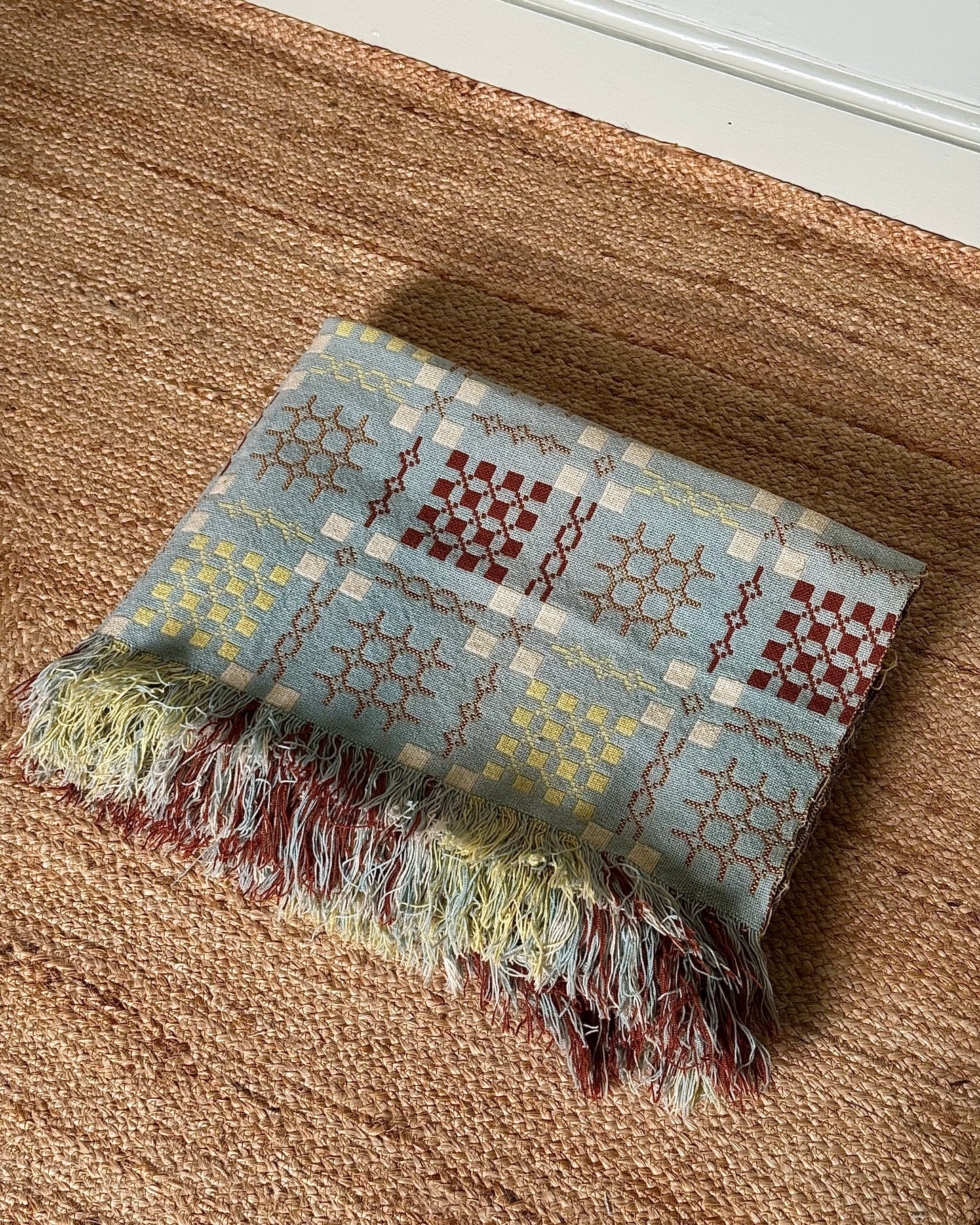Vintage Welsh Wool Tapestry Blanket in Pastel Blue, Brown & Yellow
