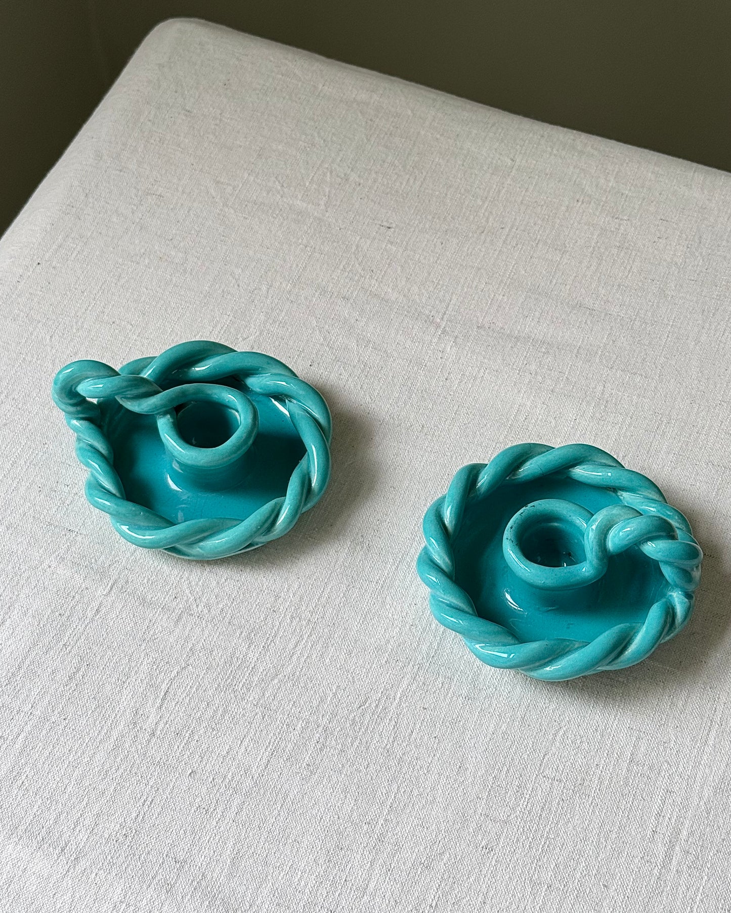 Pair of Vallauris Twisted Rope Turquoise Glaze Candlesticks