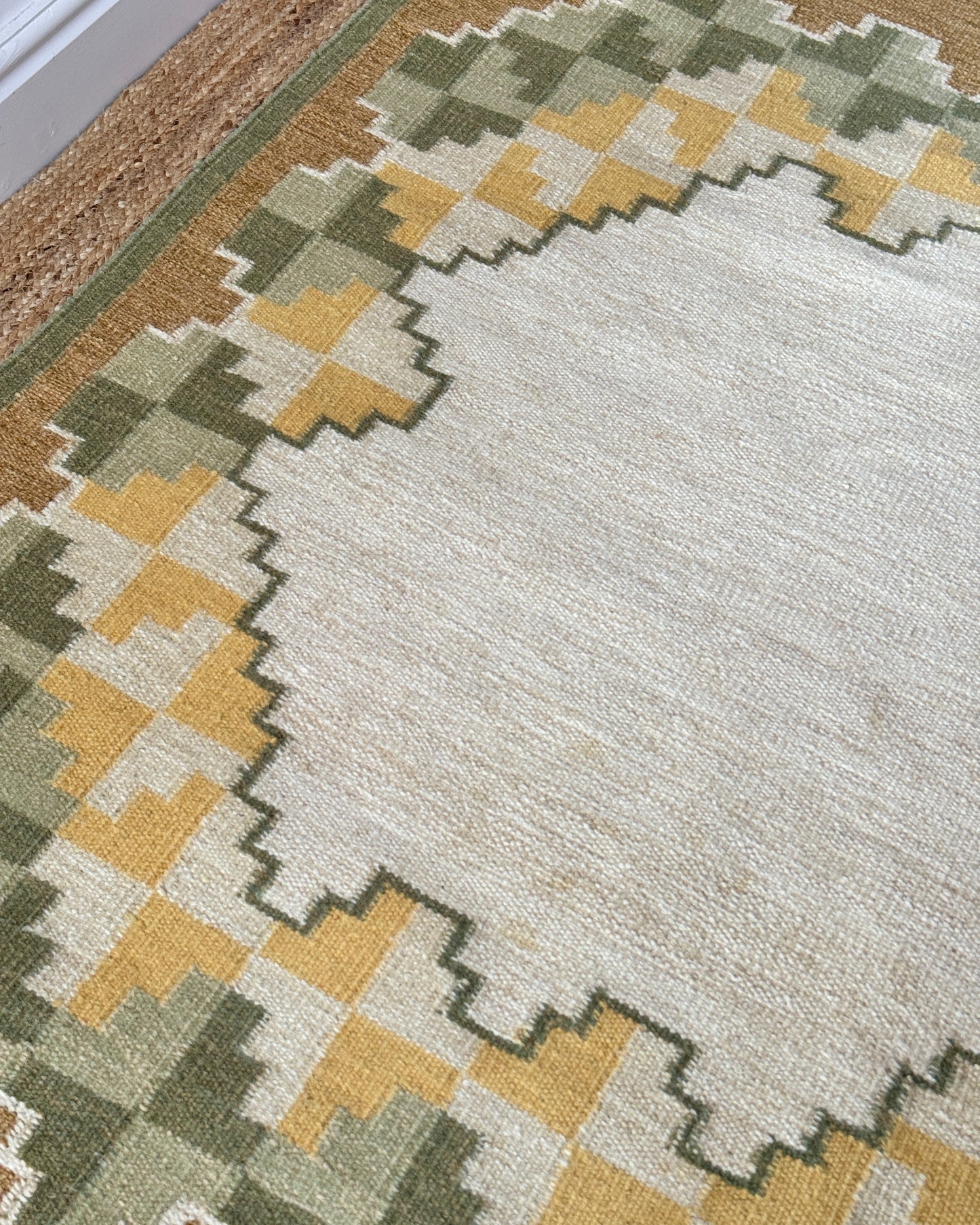 Swedish Wool Röllakan Flatweave Rug with Stepped Medallion