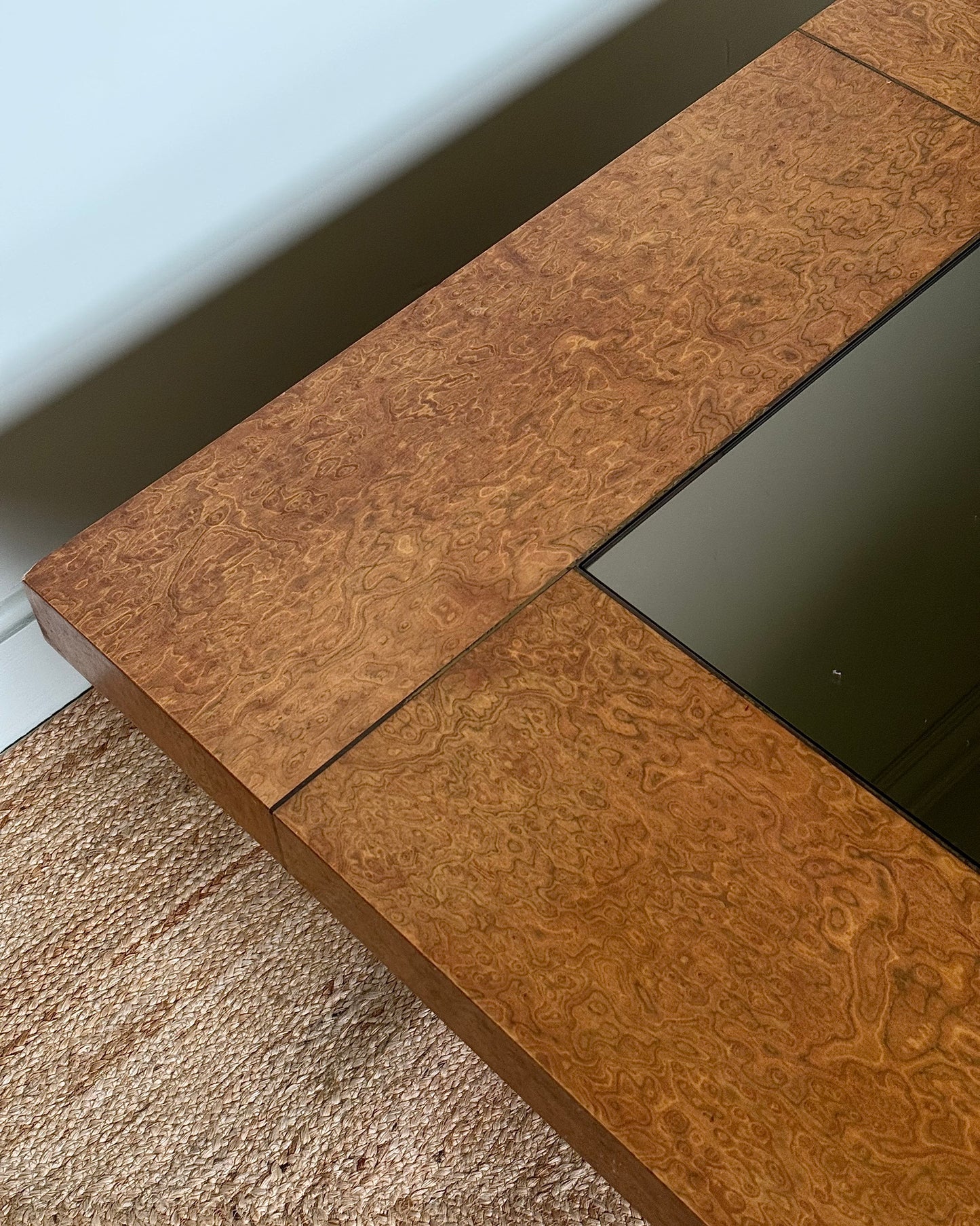 1970’s Birdseye Burlwood Maple, Brass Inlay & Smoked Glass Coffee Table