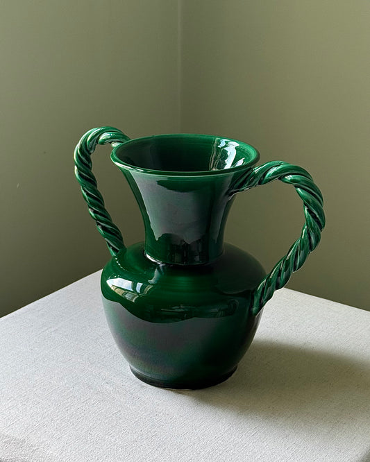 Vallauris Green Glaze Vase with Twisted Rope Handles