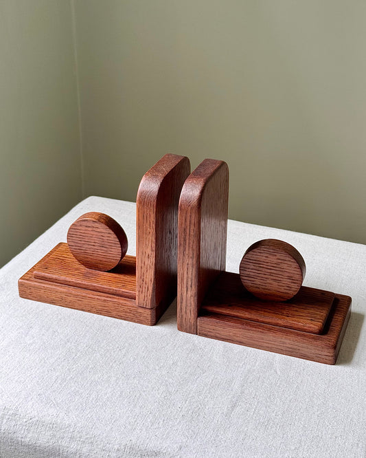 Mid-Century Modern Solid Oak Spherical Bookends