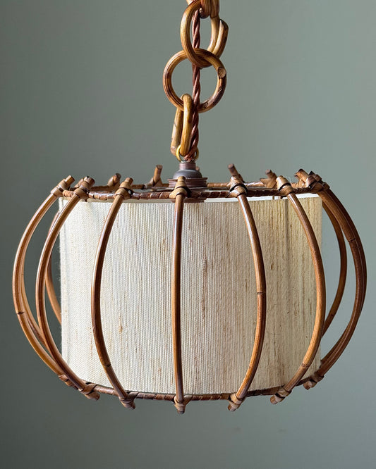 Vintage French Caged Rattan & Linen Pendant