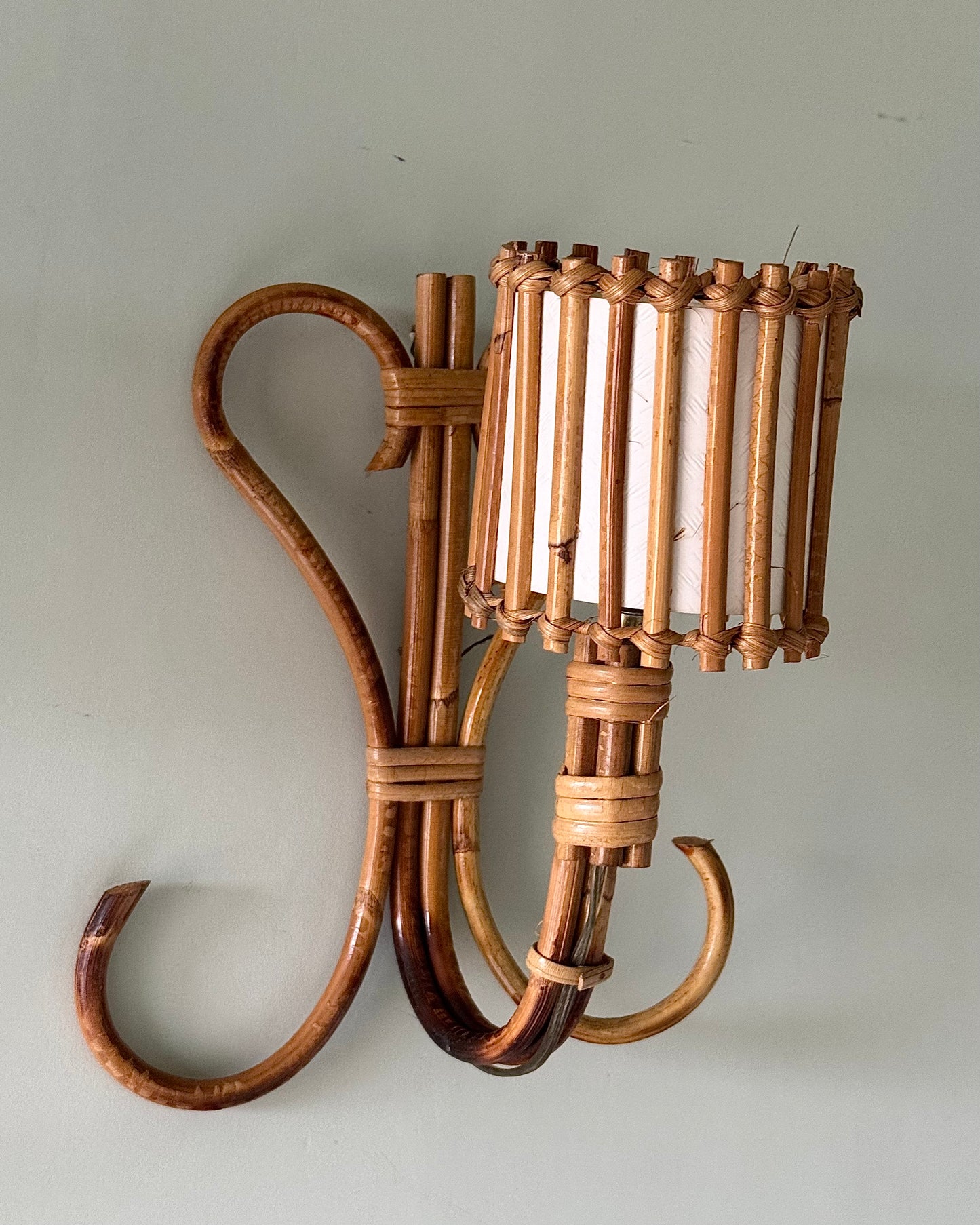 Pair of Rattan & Bamboo Wall Sconces, Attributed to Louis Sognot
