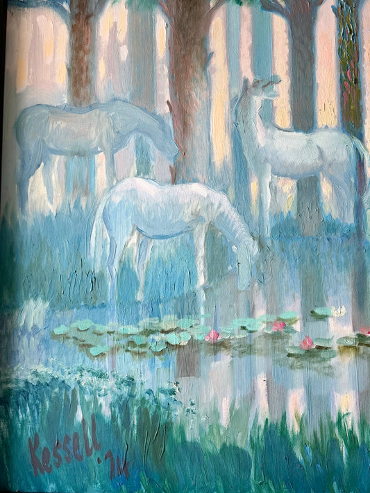 White Horses by a Lily Pad Lake Framed Oil on Board, Signed James Kessel 1974