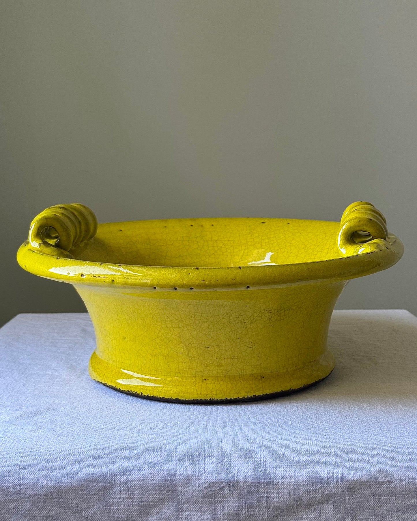 Antique Catalan Yellow Glazed Terracotta Bowl with Scroll Handles