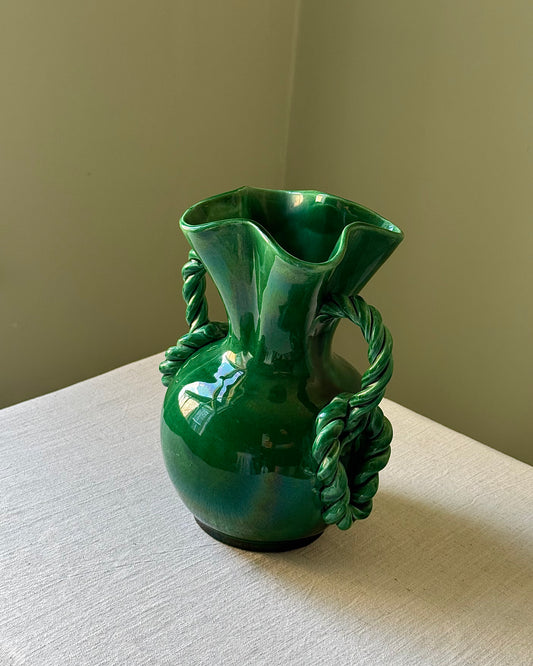 Vallauris Green Glaze Twisted Rope Handled Vase