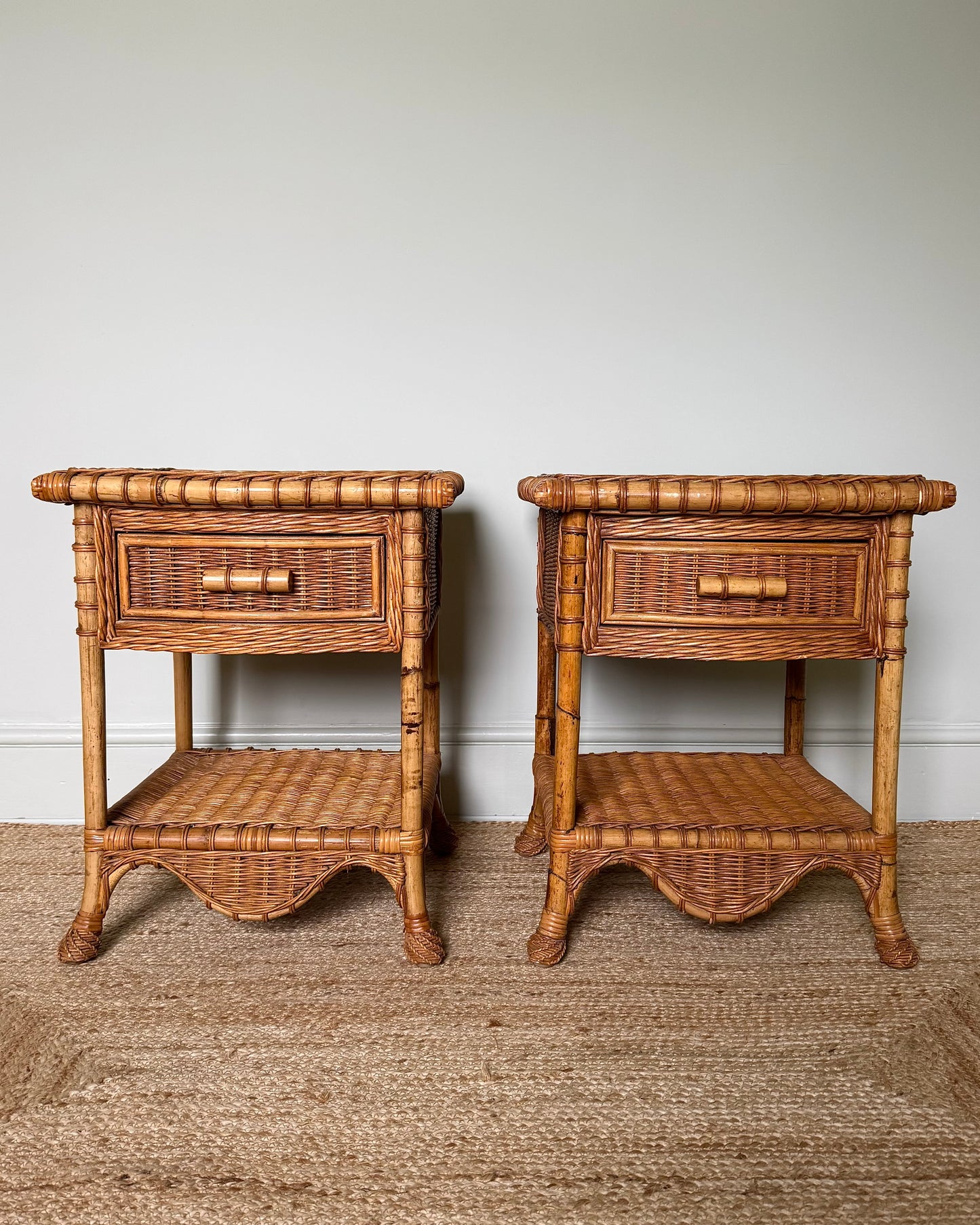 Pair of Wicker & Bamboo Bedside Tables