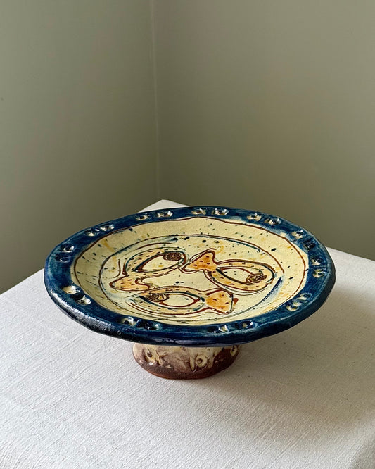 Southern Italian Mid-century Folk Pedestal Fish Motif Ceramic Plate