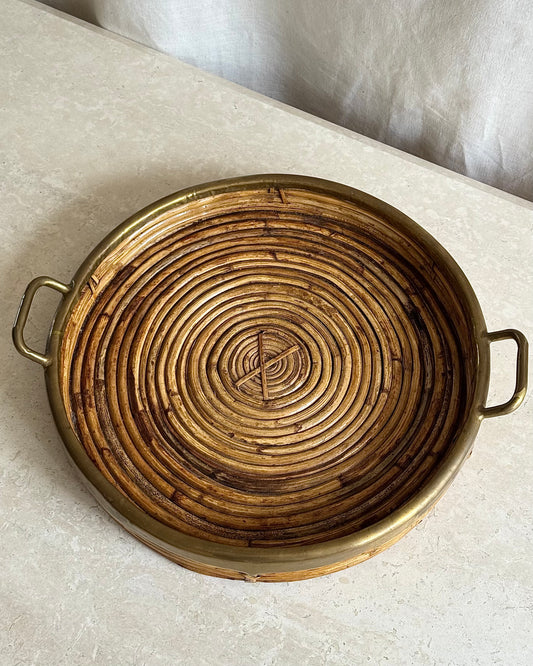 Large Italian Pencil Reed & Brass Round Tray