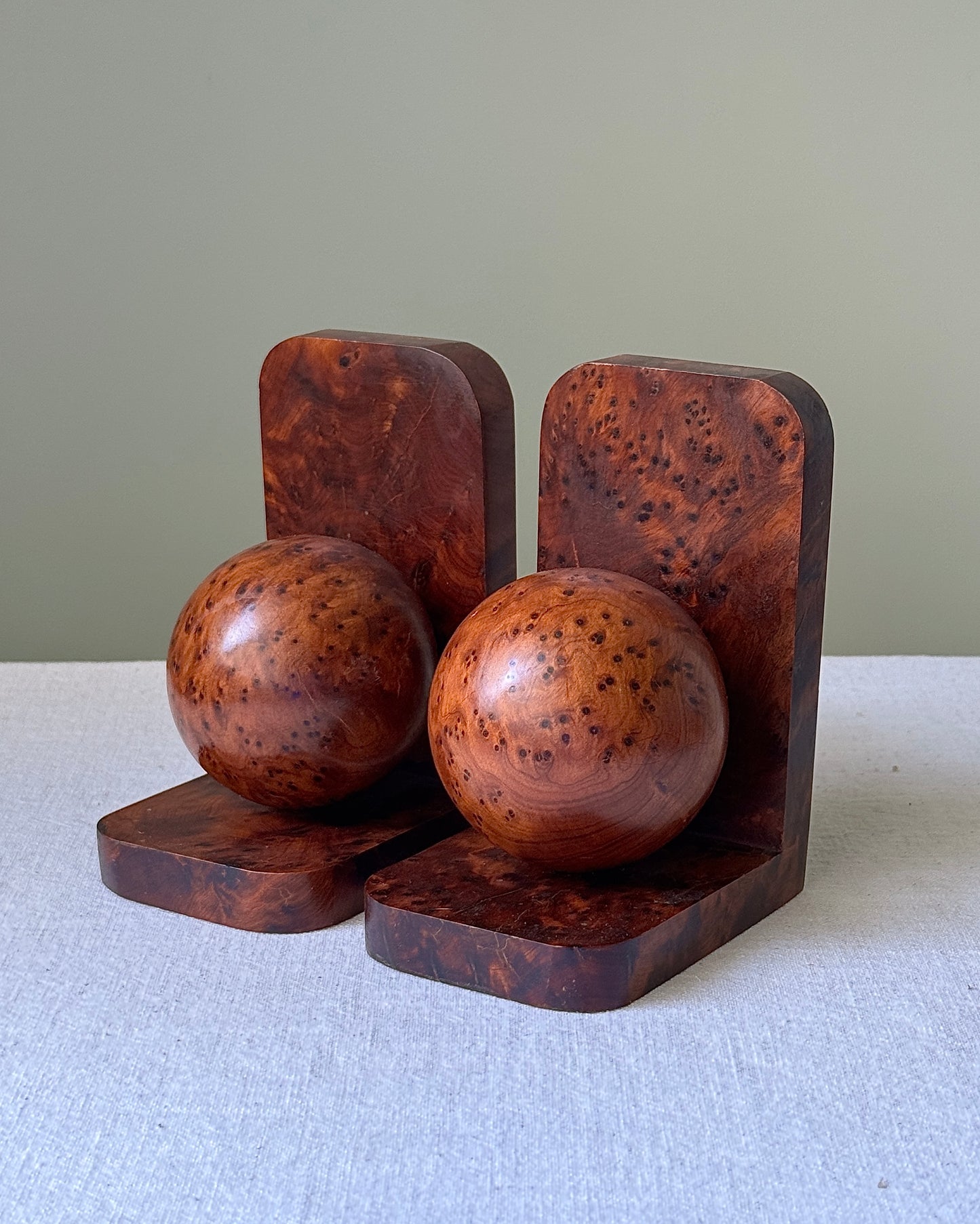 Art Deco Burr Wood Sphere Bookends