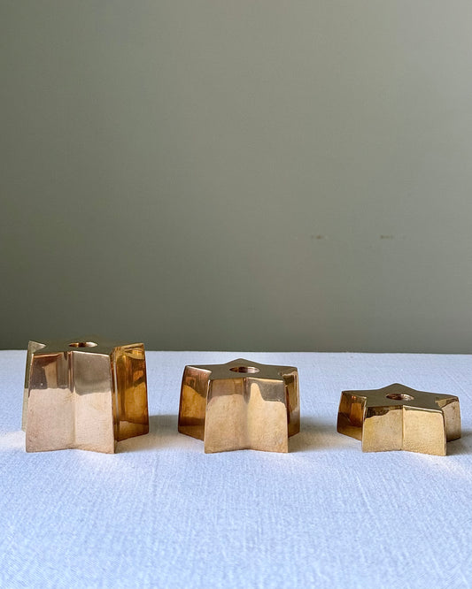 Trio of Scandinavian Graduated Brass Star Candleholders