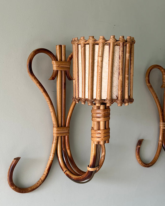 Pair of Rattan & Bamboo Wall Sconces, Attributed to Louis Sognot