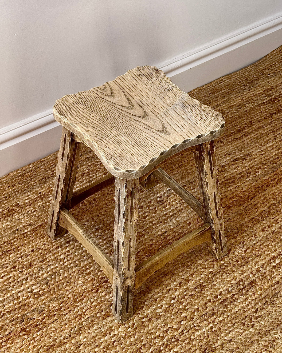 French Folk Art Carved Oak Stool