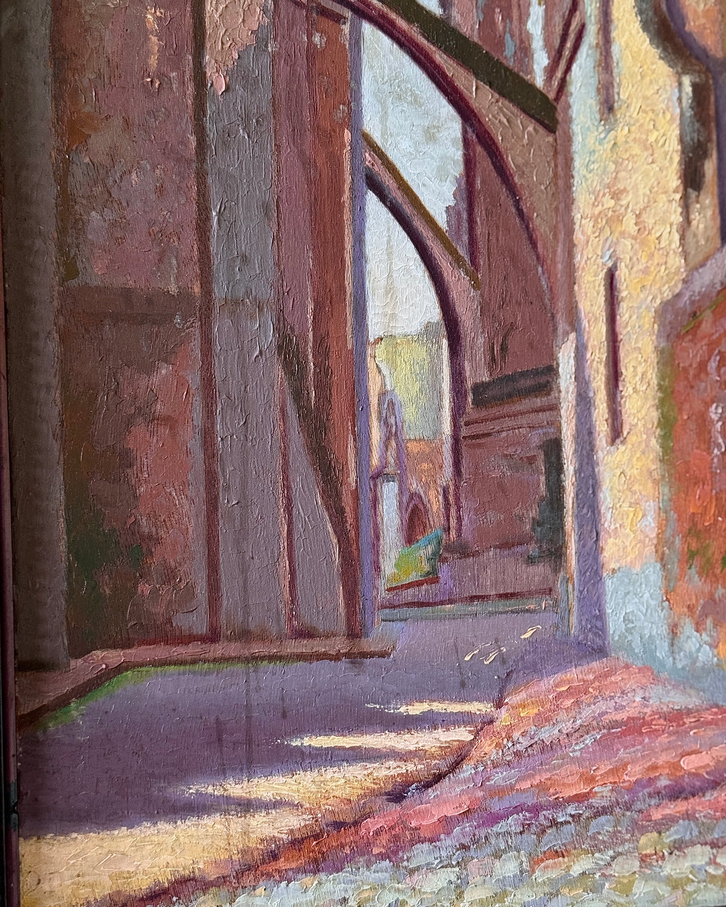 Mid century european architectural landscape oil on board depicting a cathedral in Chartres, France. The painting is in a post-impressionist style with influence from expressionism. The painting features a rich, somewhat muted colour palette with visible brush strokes, which adds an interesting texture. The painting is signed A Jaequet 1943.