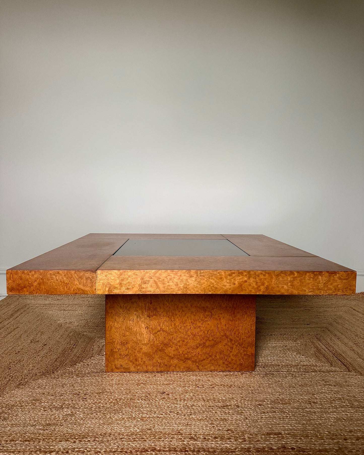 1970’s Birdseye Burlwood Maple, Brass Inlay & Smoked Glass Coffee Table