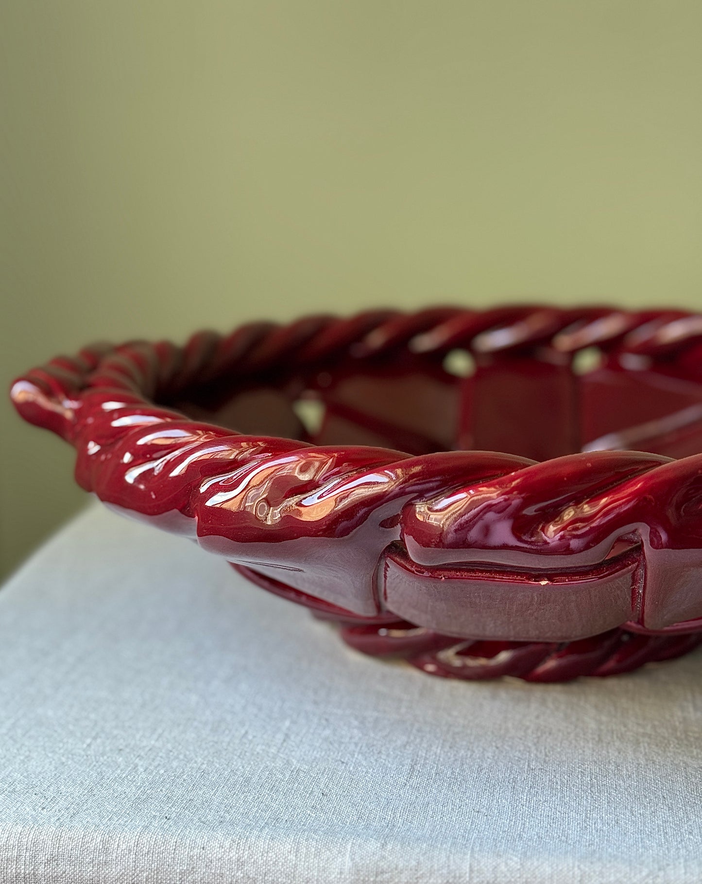Large Glossy Red Ceramic Woven Basket Bowl