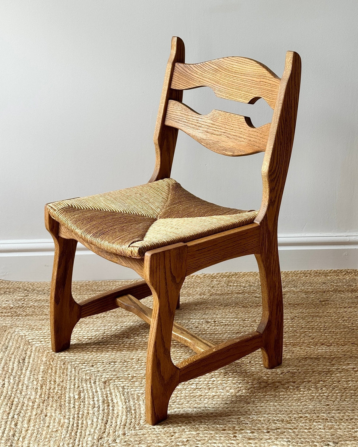 Set of Four Razor Back Oak & Rush Dining Chairs by Guillerme et Chambron - Club Sourced